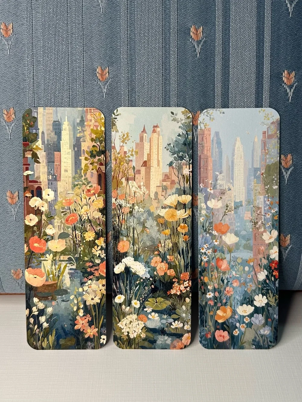 3 Botanical Cityscape Bookmarks- Blue & Multicolor